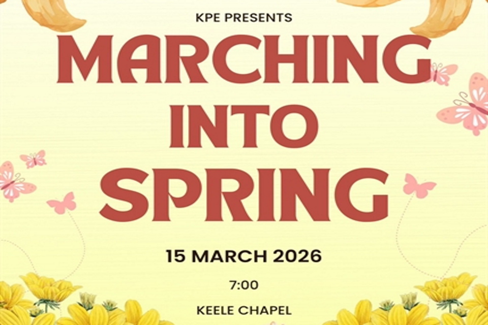 Concert poster with Red uppercase writing saying Marching into Spring upon a pale yellow background